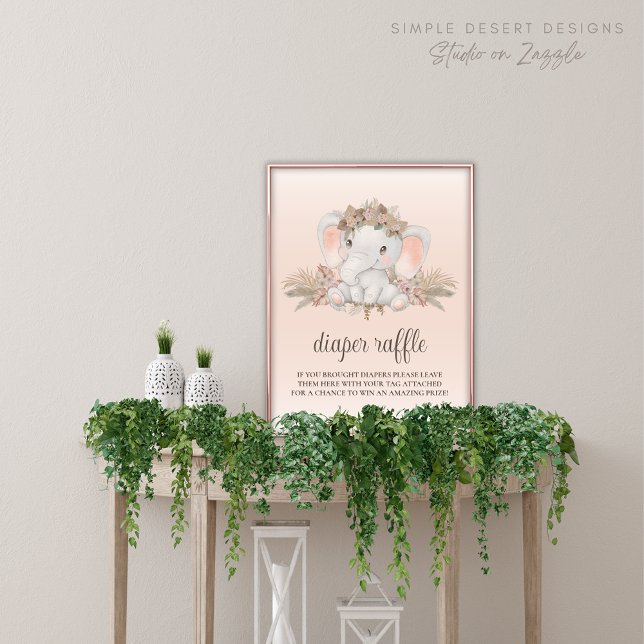 Boho Elephant Baby Shower Diaper Raffle Sign (Baby Shower Diaper Raffle Sign with Cute Elephant Boho Floral and Pampas Grass)