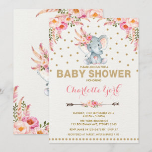 Boho Elephant Baby Shower Invite Pink Gold Jungle