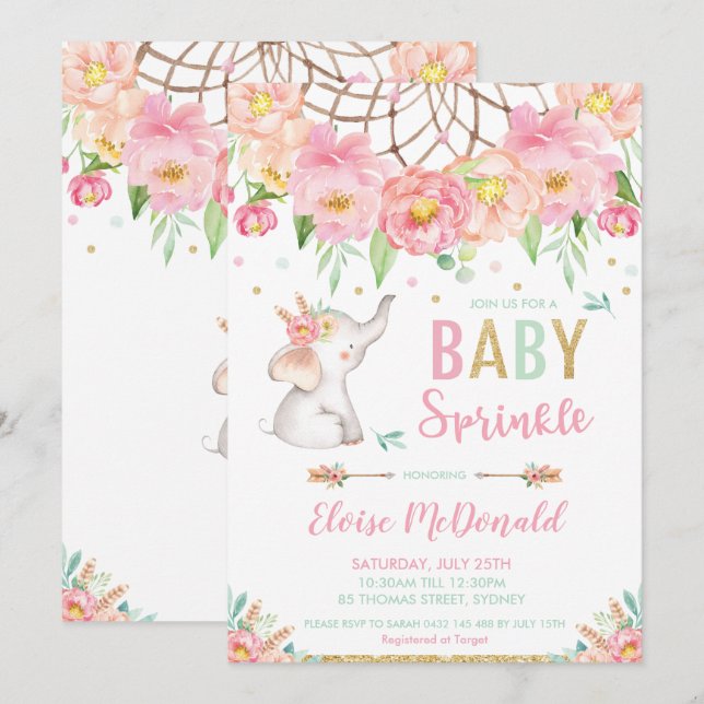 Boho Elephant Baby Sprinkle Girl Pink Mint Floral Invitation (Front/Back)