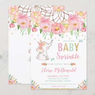 Boho Elephant Baby Sprinkle Girl Pink Mint Floral Invitation