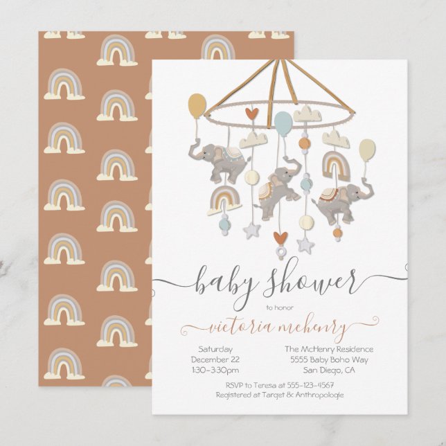 Boho Elephant Balloons Mobile Baby Shower Invitation (Front/Back)