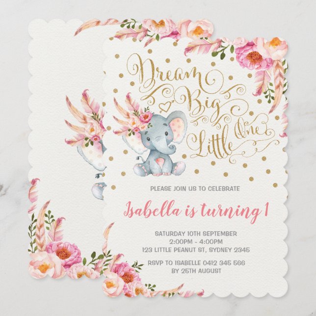 Boho Elephant Birthday Invitation Dream Big Floral (Front/Back)