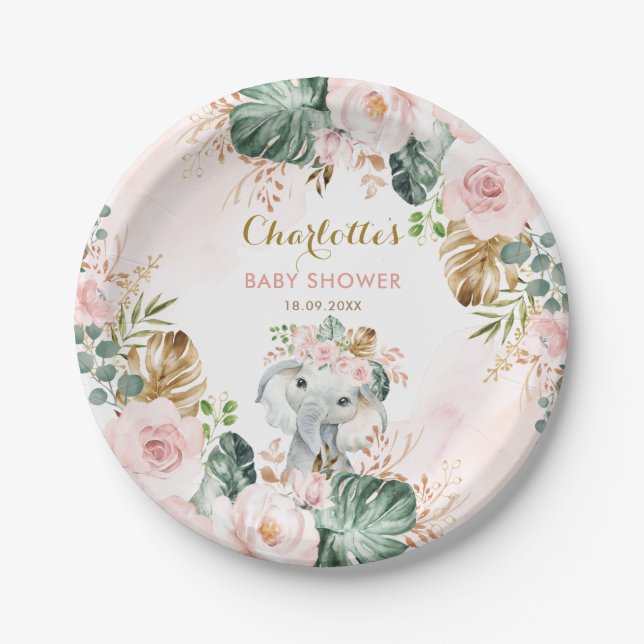 Boho Elephant Blush Pink Floral Jungle Baby Girl Paper Plate (Front)