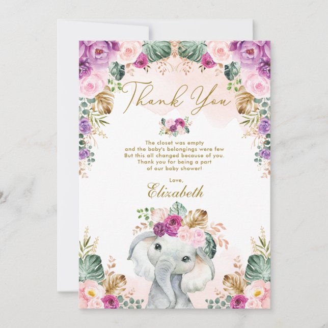 Boho Elephant Blush Pink Purple Floral Baby Shower Thank You Card (Front)
