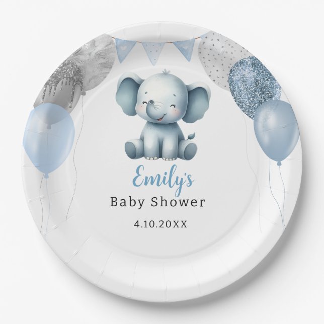 Boho Elephant Boy Balloons Baby Shower  Paper Plate (Front)