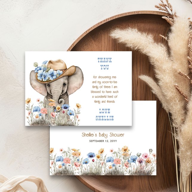 Boho Elephant Cowboy Wildflower Baby Shower Thank You Card (Thank you cards from the Boho Elephant Baby Shower Collection by Darling & May)