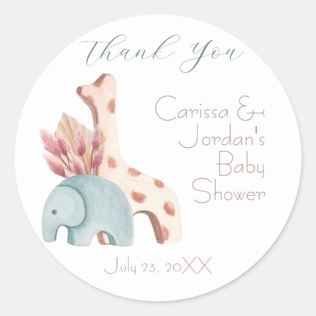 Boho Elephant Giraffe Toy Thank You Baby Shower Classic Round Sticker (Front)