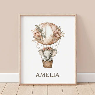 Boho Elephant Hot Air Balloon Nursery Wall Poster