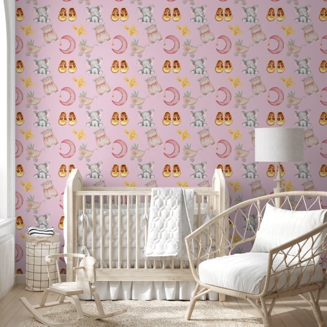 Boho Elephant Moon Buggy Light Pink Girl Nursery Wallpaper (Kids)