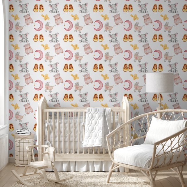 Boho Elephant Moon Buggy Pink Girl Nursery Wallpaper (Kids)