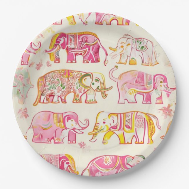 Boho Elephant Paper Plates – Block Print Party Dec (Front)