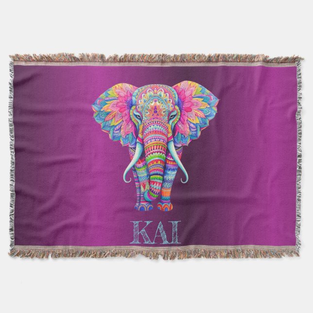 Boho Elephant - Personalised Mandala Design Throw Blanket (Front)