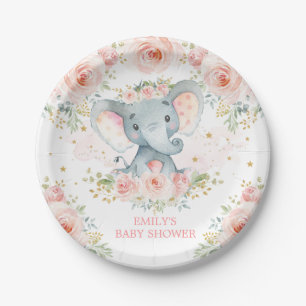 Boho Elephant Pink Floral Baby Girl Shower Favours Paper Plate