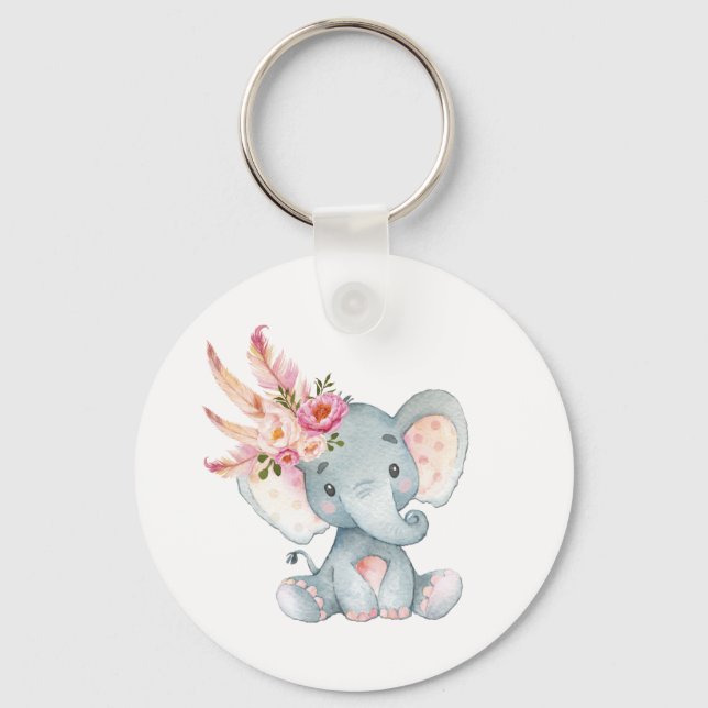 Boho Elephant Pink Floral Keychain Birthday (Front)