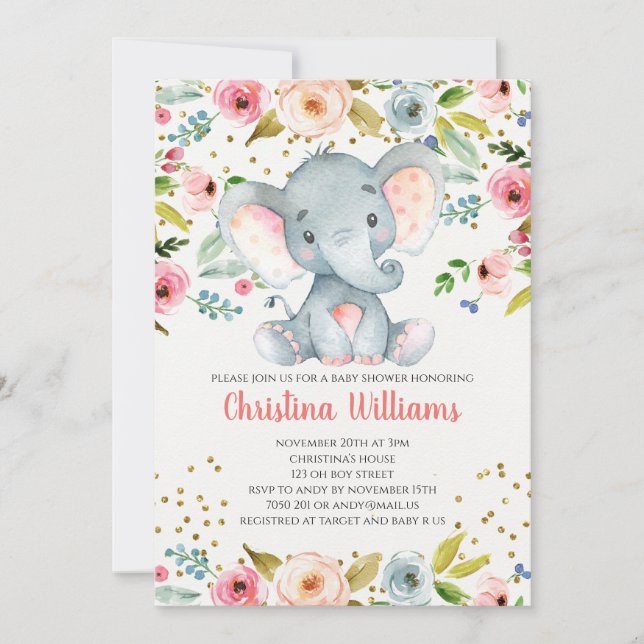 Boho Elephant Pink Girl Baby Shower Watercolor Invitation (Front)