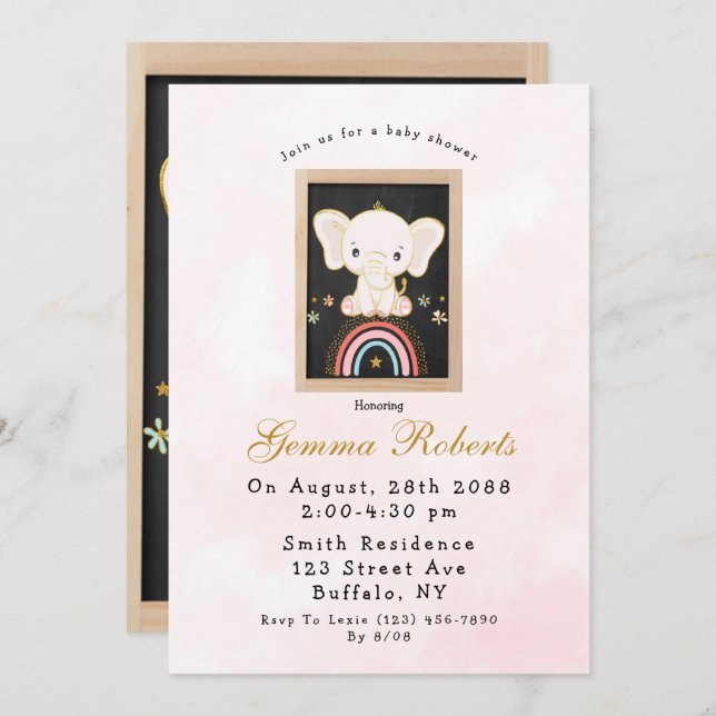 Boho Elephant Sitting on Rainbow Girl Baby Shower Invitation (Front/Back)