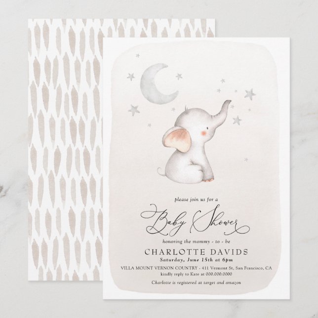 Boho Elephant Stars Moon Beige Neutral Baby Shower Invitation (Front/Back)