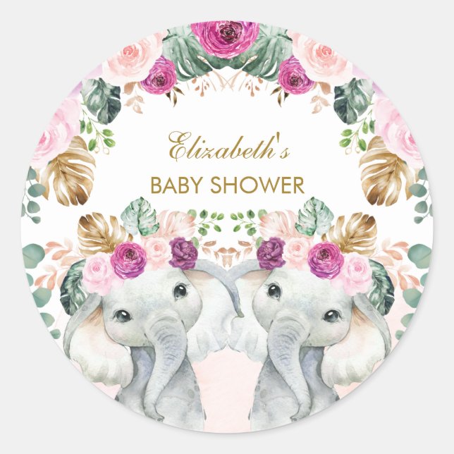 Boho Elephant Twins Tropical Blush Purple Floral Classic Round Sticker (Front)