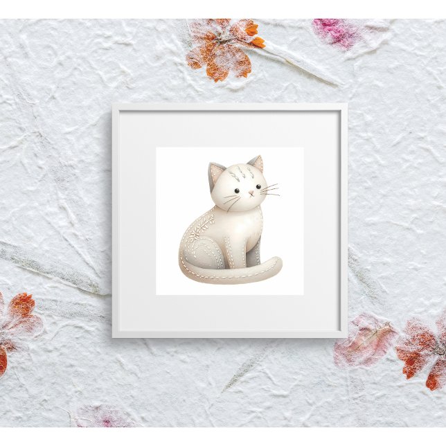 Boho Embroidered Beige Cat Poster Neutral Kitty  (Creator Uploaded)