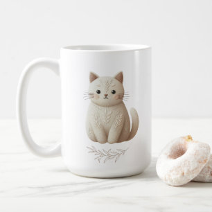 Boho Embroidered Beige Kitty with Leaves Coffee Mug