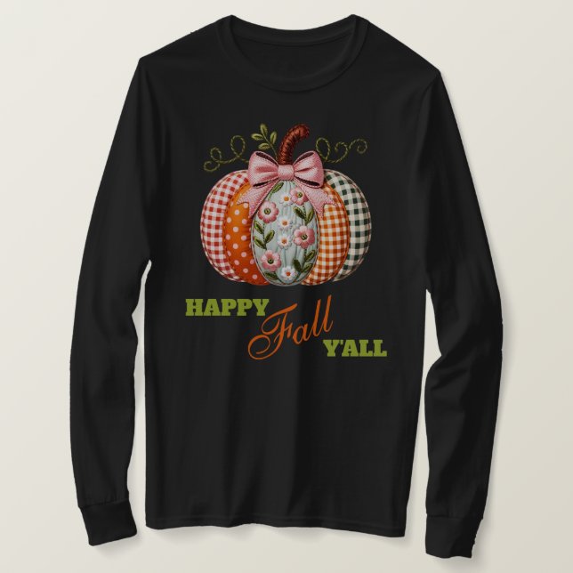 Boho Embroidered Look Patchwork Pumpkin T-Shirt (Design Front)