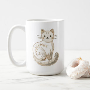 Boho Embroidered Neutral Kitty Cat  Coffee Mug