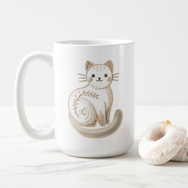 Boho Embroidered Neutral Kitty Cat  Coffee Mug (With Donut)