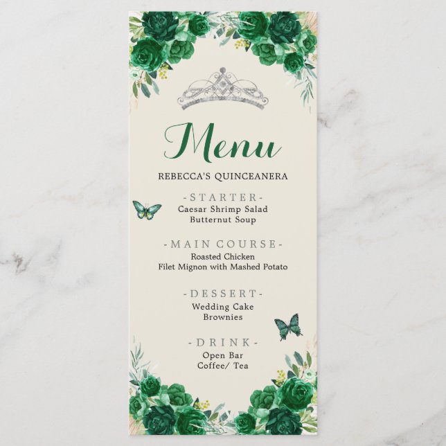Boho Emerald Green Floral Quinceañera Menu (Front)