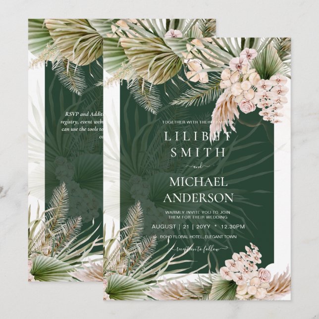 BOHO Emerald Green Pampas Grass Peach Wedding (Front/Back)