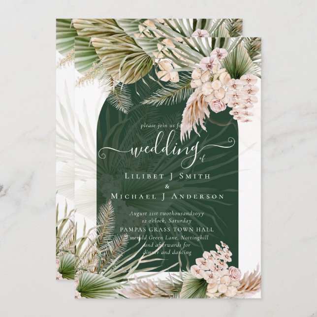 BOHO Emerald Green Pampas Grass Wedding Invitation (Front/Back)