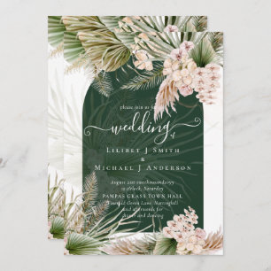 BOHO Emerald Green Pampas Grass Wedding Invitation
