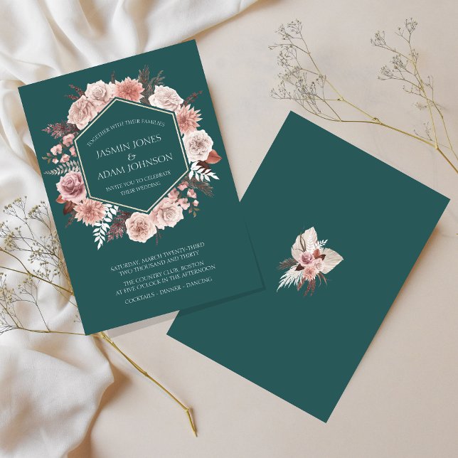 Boho Emerald Green Pink Floral Wreath Wedding Invitation (Boho Emerald Green Pink Floral Wreath Wedding Invitation)
