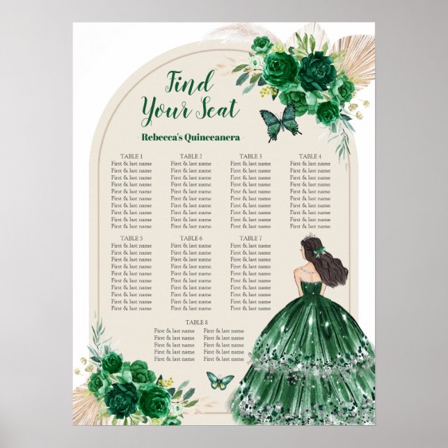 Boho Emerald Green Quinceañera Seating Chart Sign (Front)