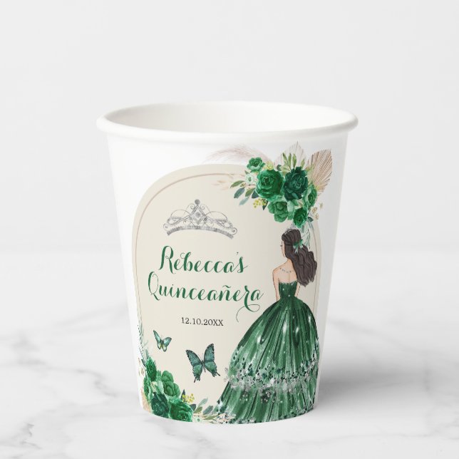 Boho Emerald Green Roses Princess Quinceañera Paper Cups (Front)