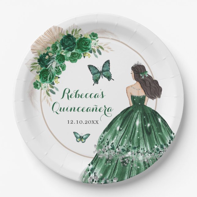 Boho Emerald Green Roses Princess Quinceañera Paper Plate (Front)