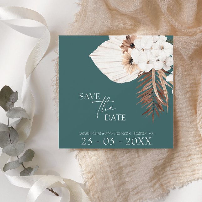 Boho Emerald Green White Pampas Grass Wedding Save The Date (Creator Uploaded)