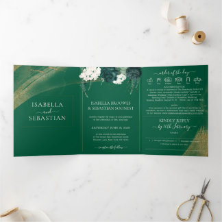 Boho Emerald Rose Complete Wedding Tri-Fold Invita