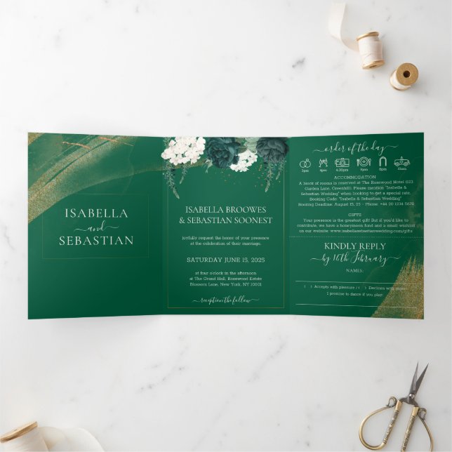 Boho Emerald Rose Complete Wedding Tri-Fold Invita Invitation (Inside)
