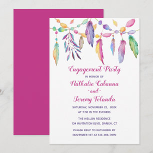 Boho Engagement Party Feathers Native American Invitation