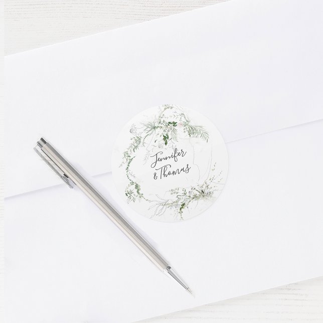 Boho Ethereal Garden Greenery Botanical Wedding Classic Round Sticker (Creator Uploaded)