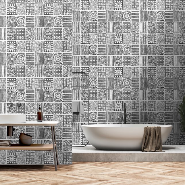 Boho Ethnic Wallpaper – Black & White Wall Decor (Bathroom)