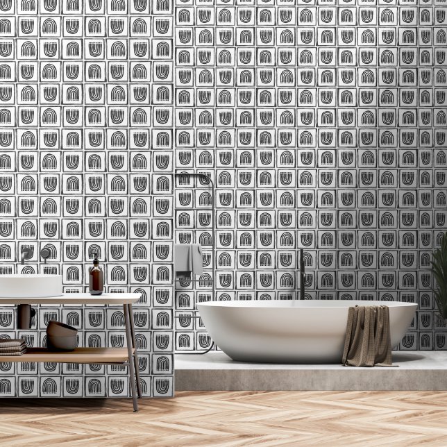 Boho Ethnic Wallpaper – Black & White Wall Decor (Bathroom)