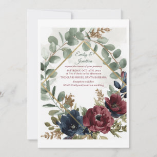 Boho Eucalyptus and Dark Red Flowers Wedding Invit Invitation
