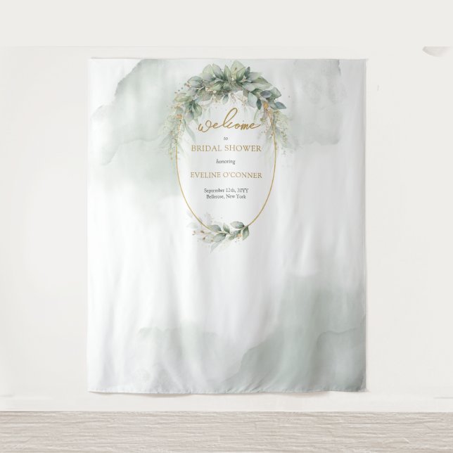 Boho eucalyptus and gold Bridal Shower backdrop Tapestry (Front)