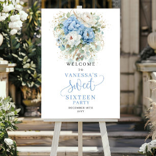 Boho Eucalyptus Blue and Gold Sweet 16 Welcome Poster