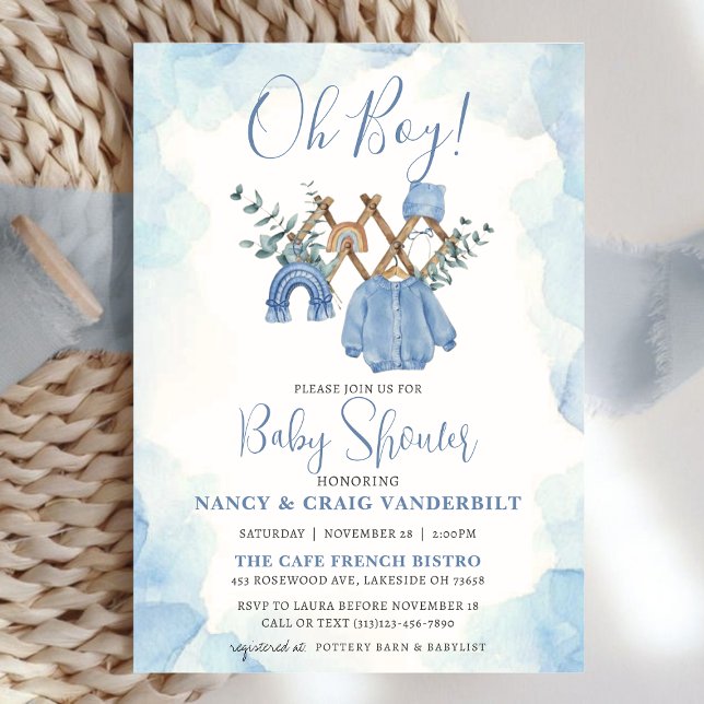 Boho Eucalyptus Boy Clothing Vintage Baby Shower  Invitation (Creator Uploaded)