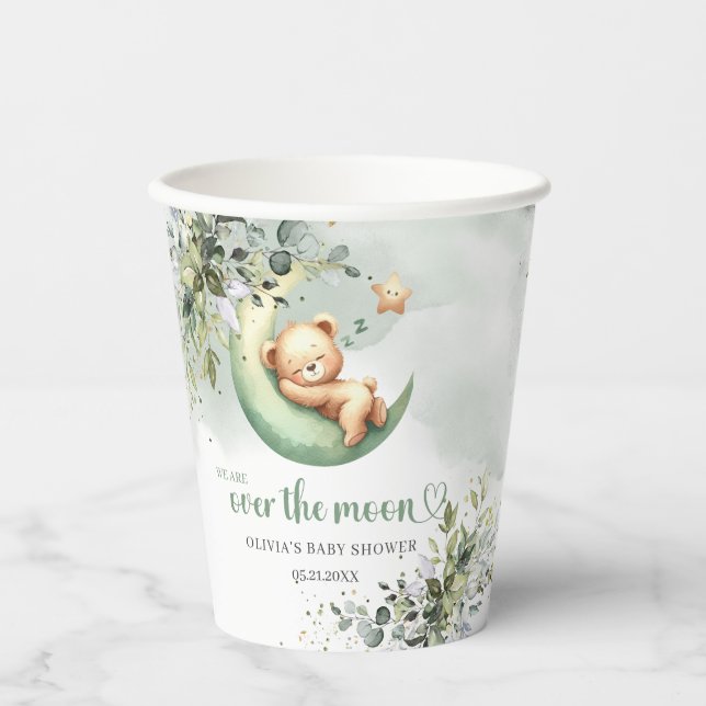 Boho eucalyptus foliage teddy bear over the moon paper cups (Front)