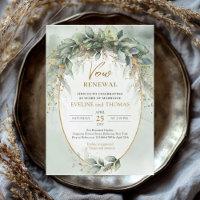 Boho eucalyptus green gold vow renewal invite