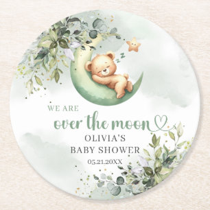 Boho eucalyptus green teddy bear over the moon round paper coaster