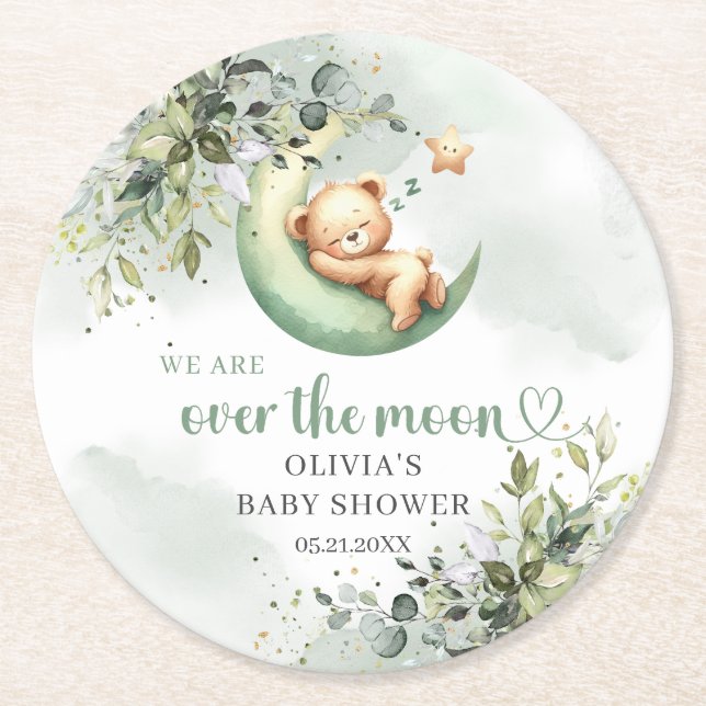 Boho eucalyptus green teddy bear over the moon round paper coaster (Front)
